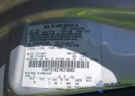 2007 Ford Focus S/Se/Ses из США, поврежденный, VIN 1FAFP31N27W218083